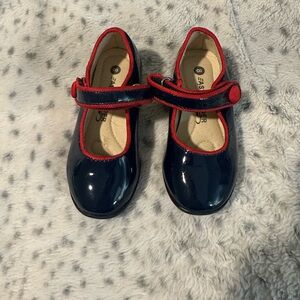 Girls Navy Patent Mary Jane Shoes with Red Trim